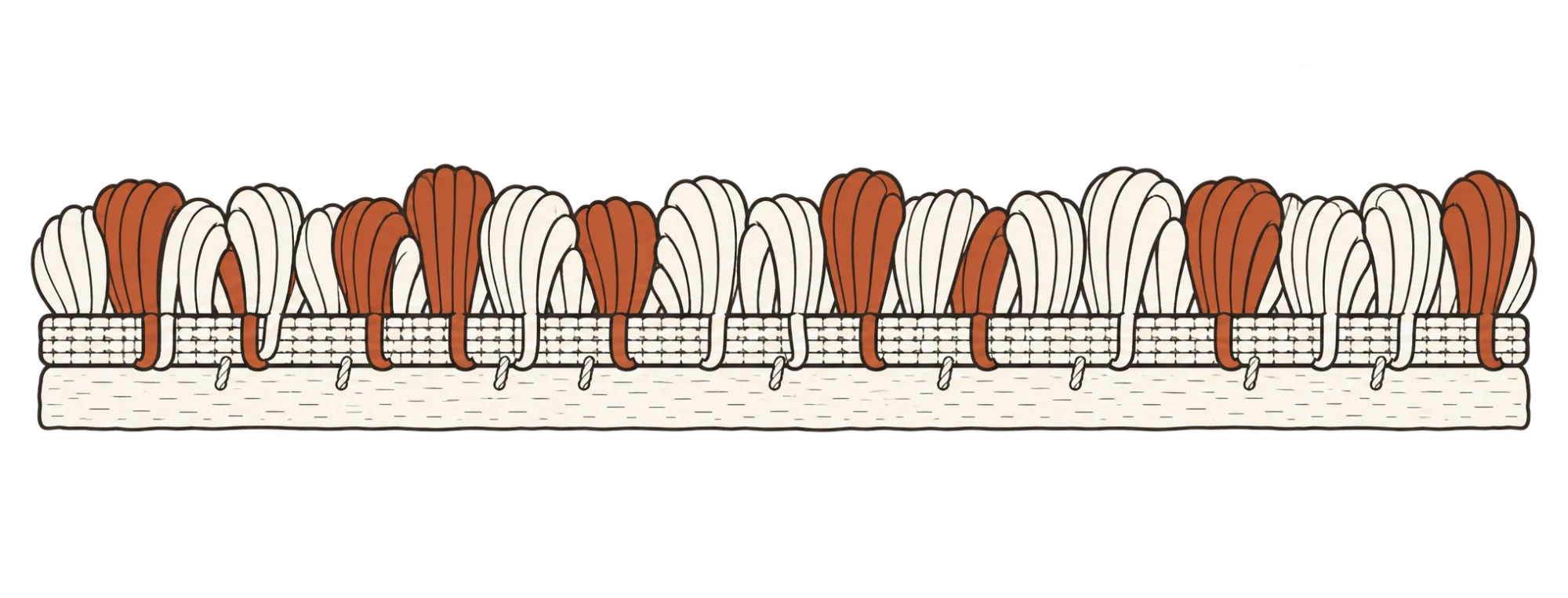 Cross-section diagram of hand-tufted construction: tufted yarn pile punched through a primary fabric backing, with a secondary backing glued beneath to hold it in place