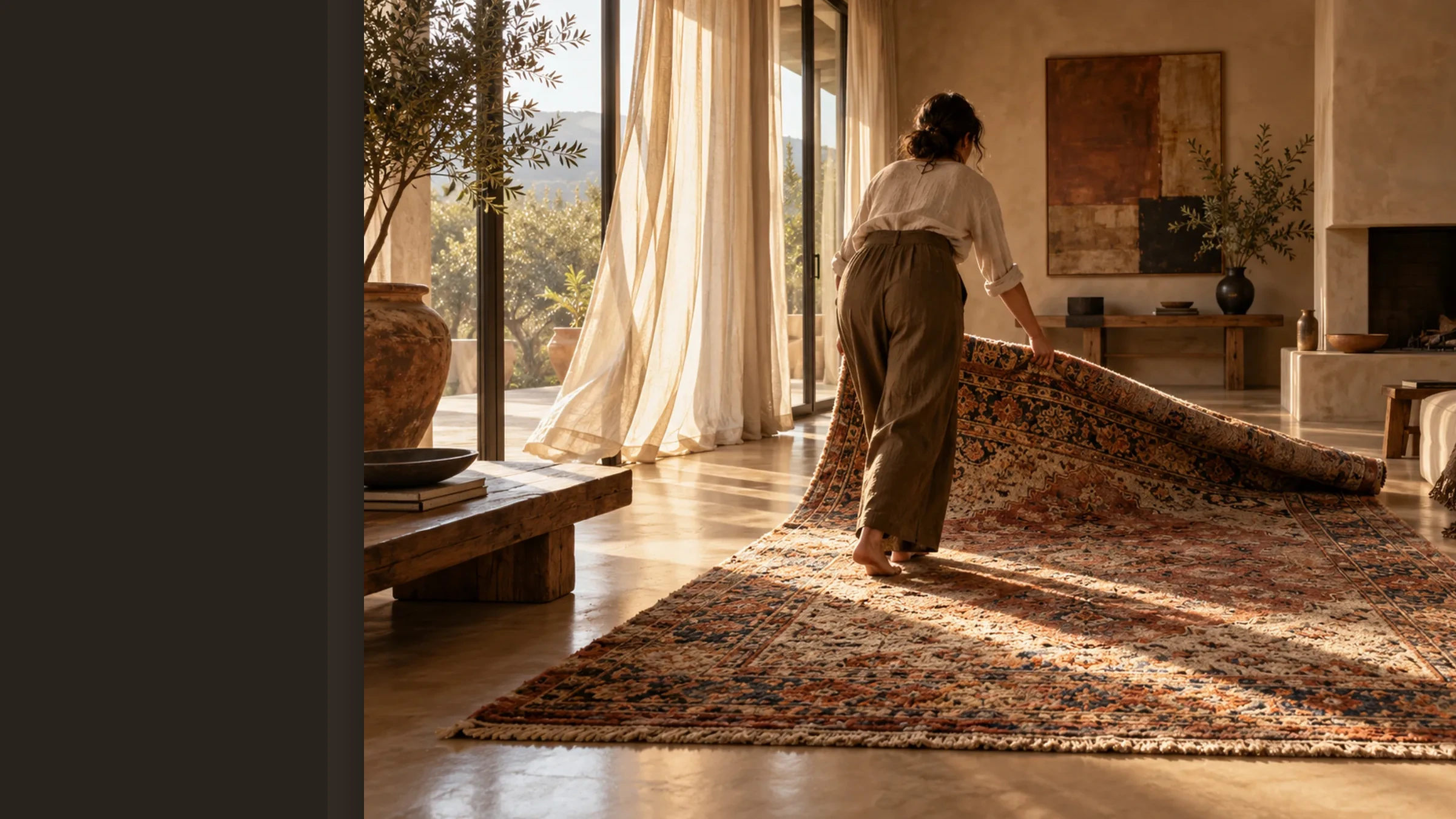 Sunlit living room with a large handmade rug and warm timber furnishings