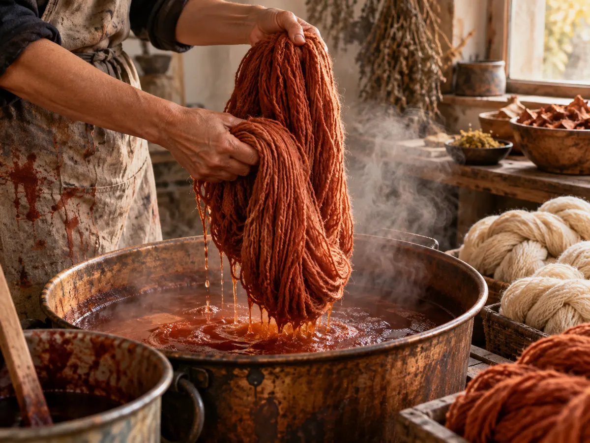 Hanks of dyed wool yarn lifted over a dye vat