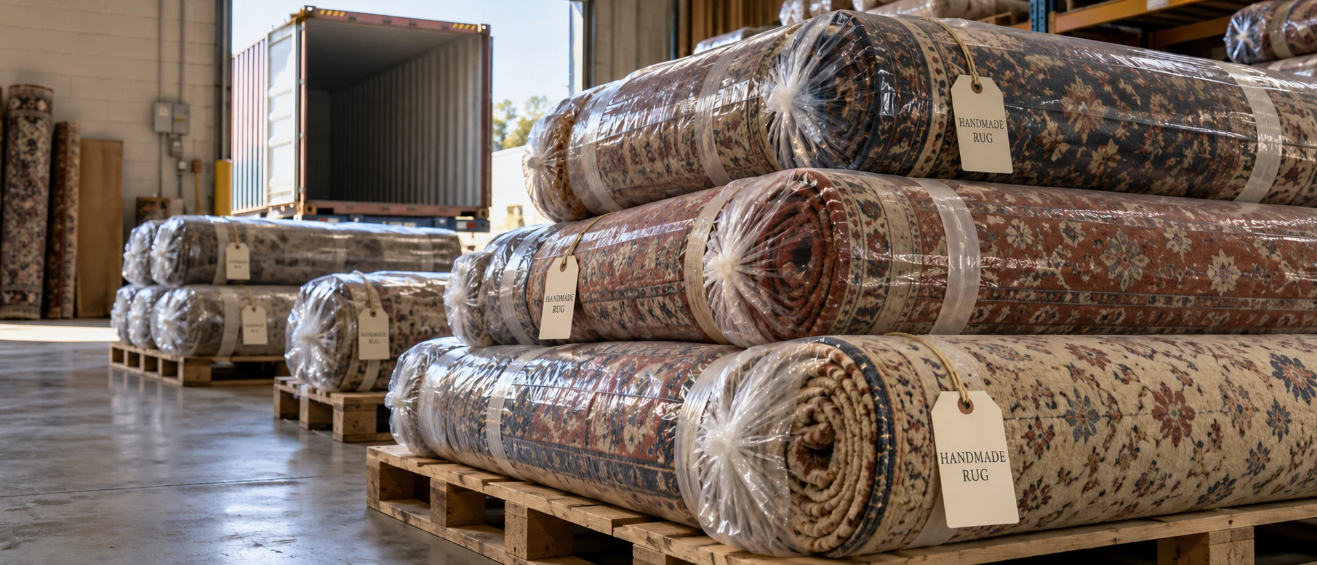 Rolled rugs wrapped, tagged and palletized, ready for export