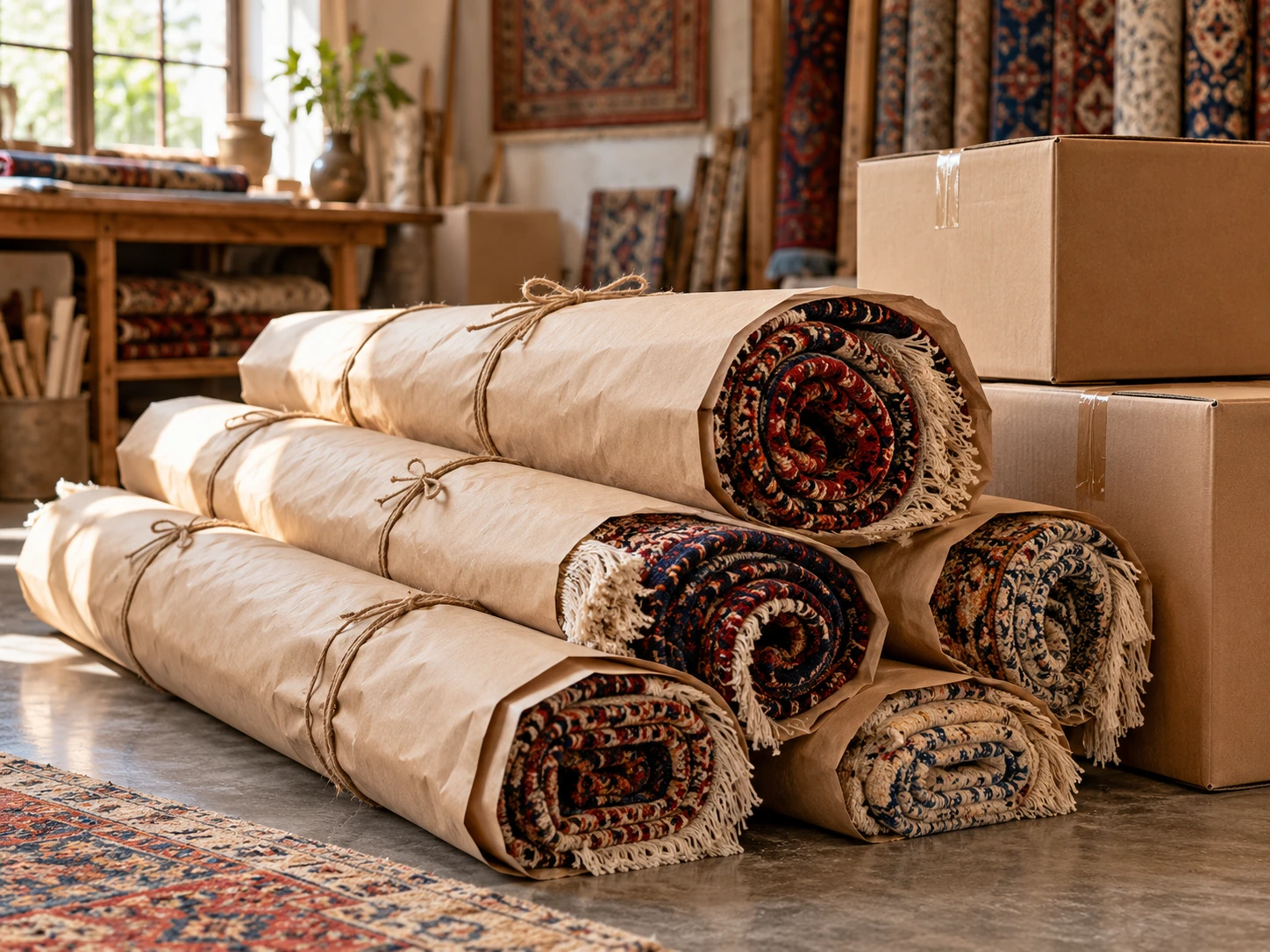 Rolled rugs wrapped and stacked alongside export cartons, ready to ship