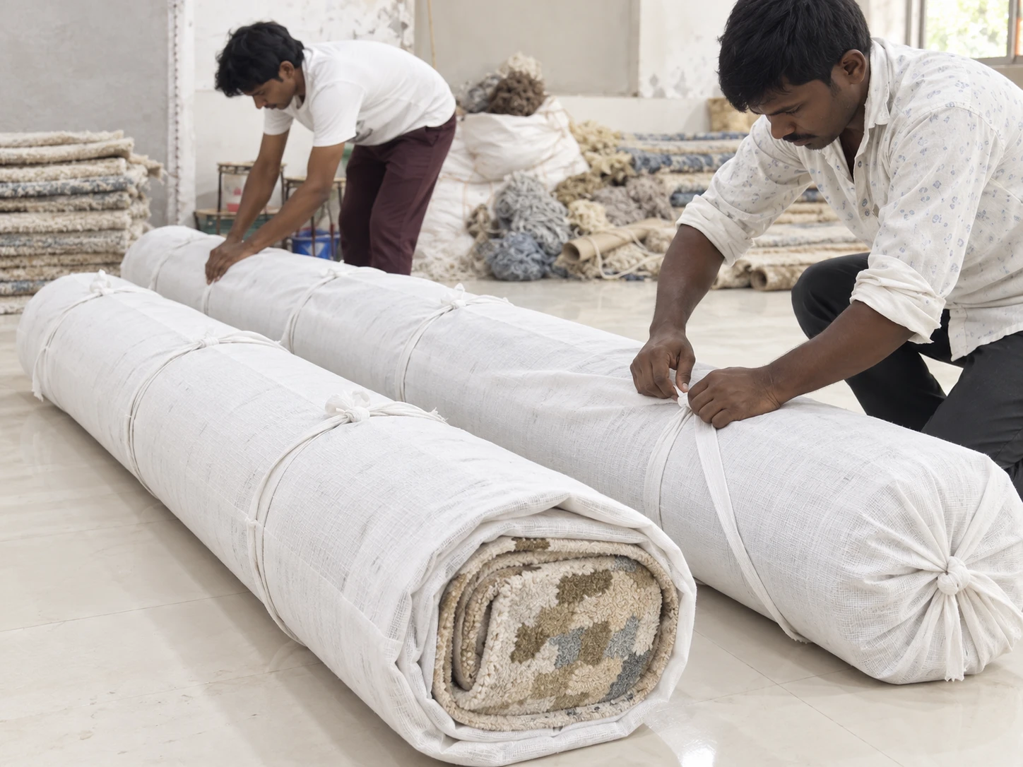 Workshop staff hand-wrapping rolled rugs in protective cloth before export