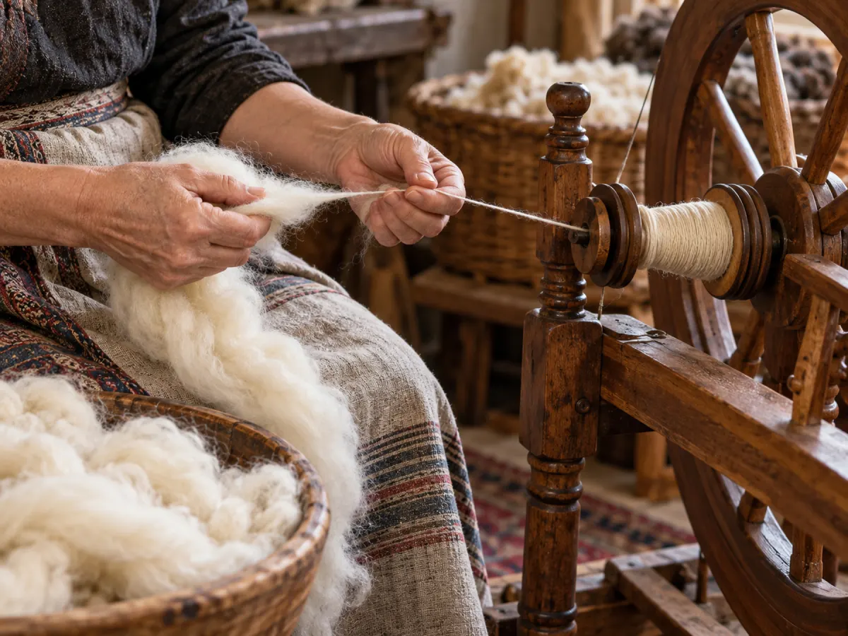Wool yarn being hand-spun before weaving