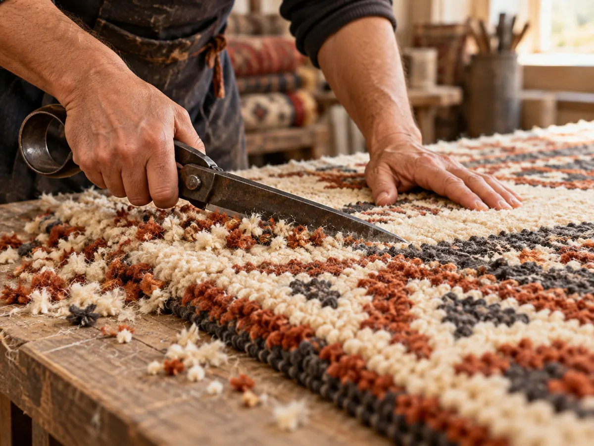 Hands trimming the pile of a handmade rug