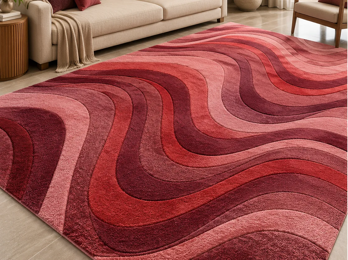 Crimson Wave Carved Wool Rug, hand-carved tufted pile